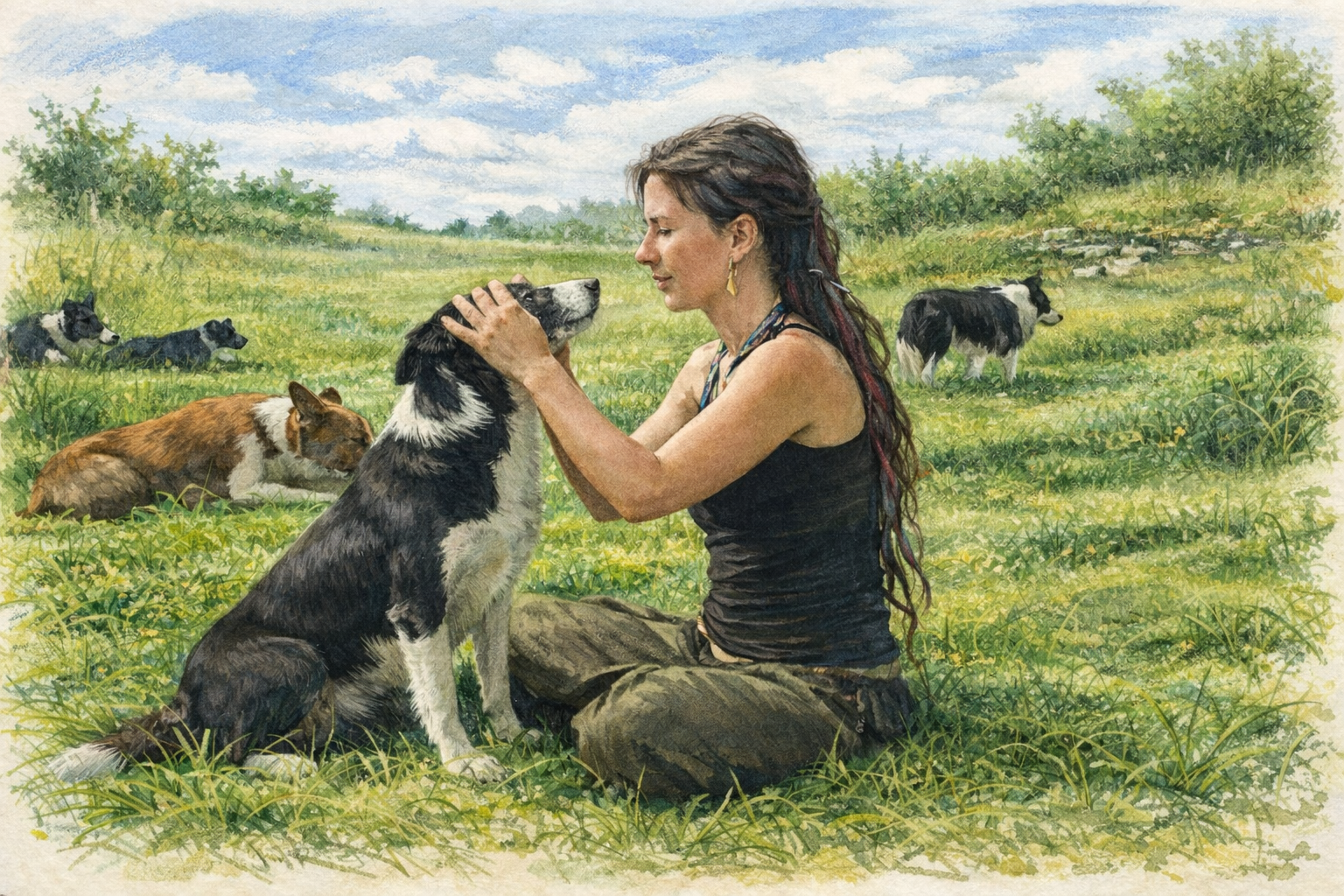 Tímea sitting in a sunlit meadow, gently holding the face of a border collie