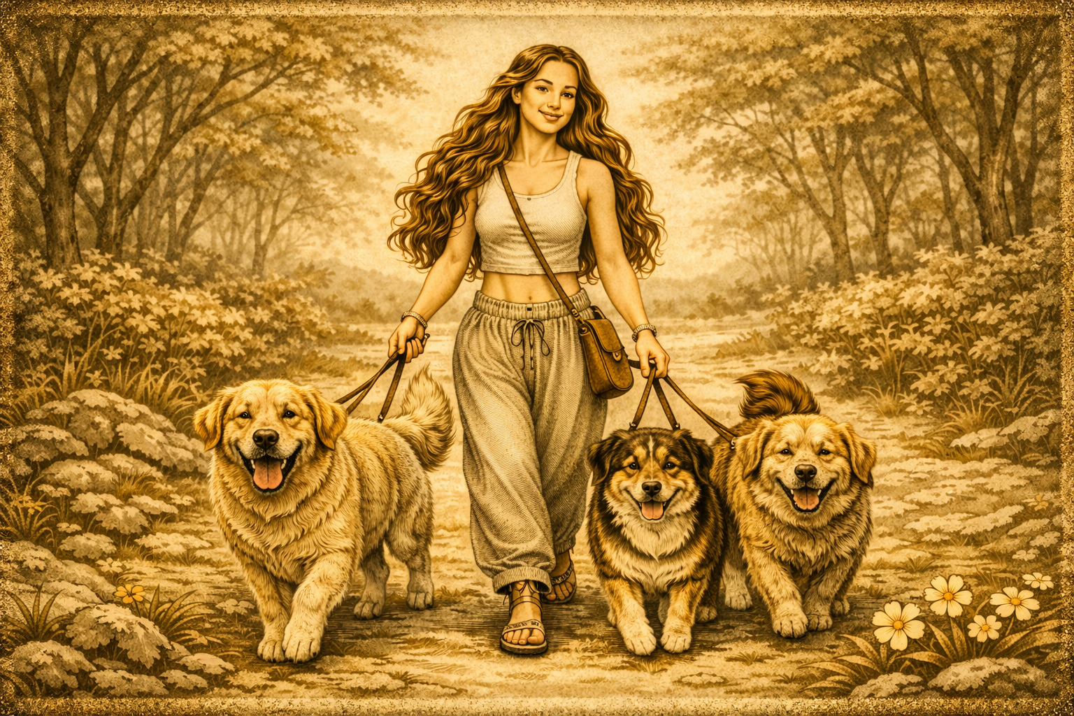Before the Walk — a woman standing at the door with five dogs sitting attentively
