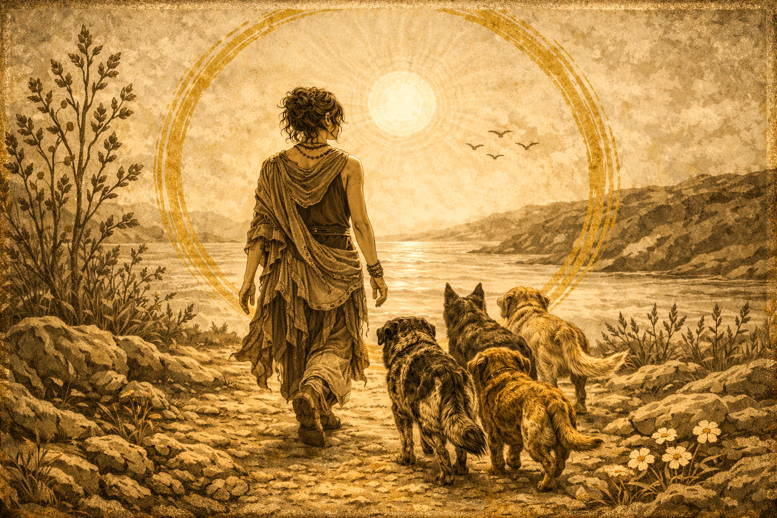 Calm Authority — a woman walking toward the sea with three dogs following freely at her side