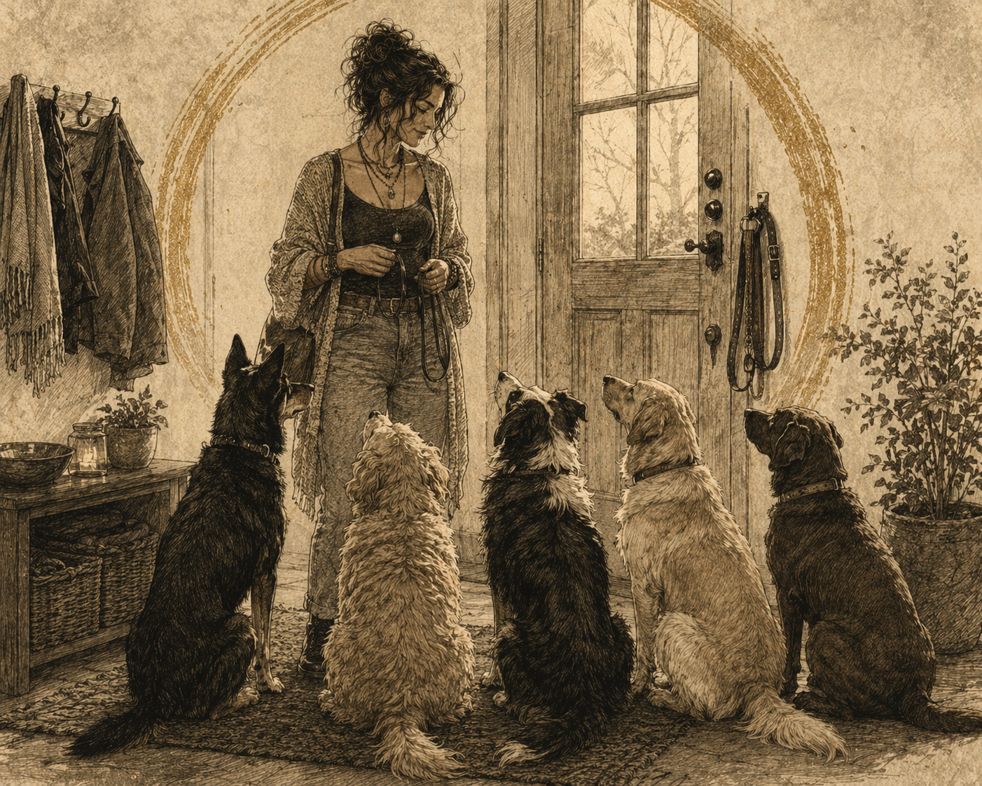 A woman holding a lead, standing at a cottage door, surrounded by five attentive dogs