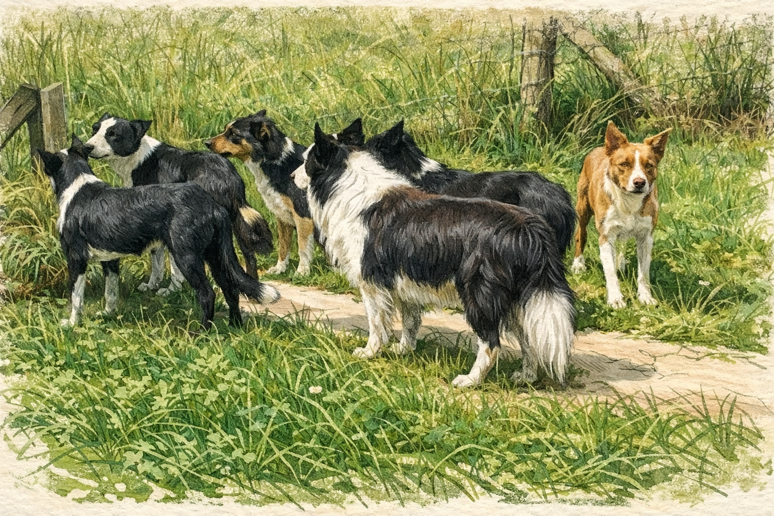 A group of border collies standing together on a path through tall grass, alert and attuned to their surroundings