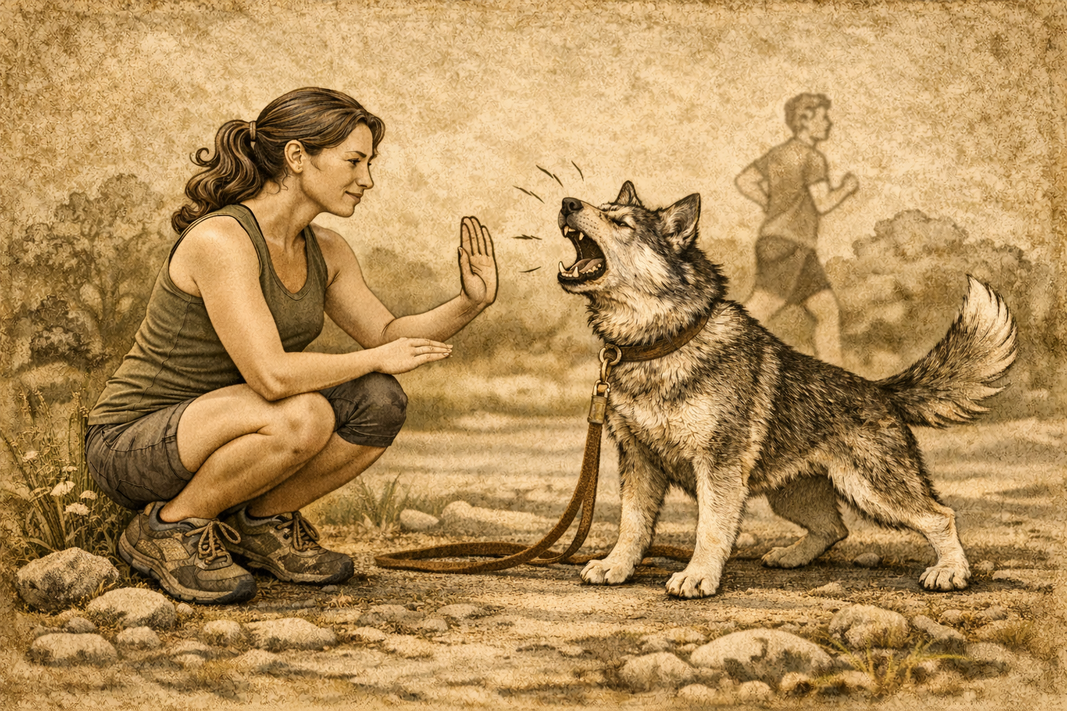 Interrupting Reactivity — a woman calmly raising her hand to redirect her reactive barking dog as a jogger passes in the background