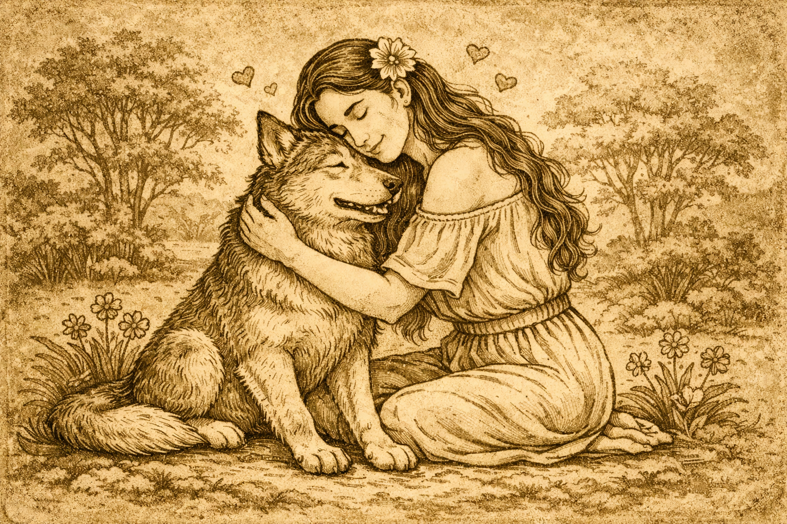 Trust and Safety — a girl sitting in a meadow, gently embracing her dog with hearts floating between them