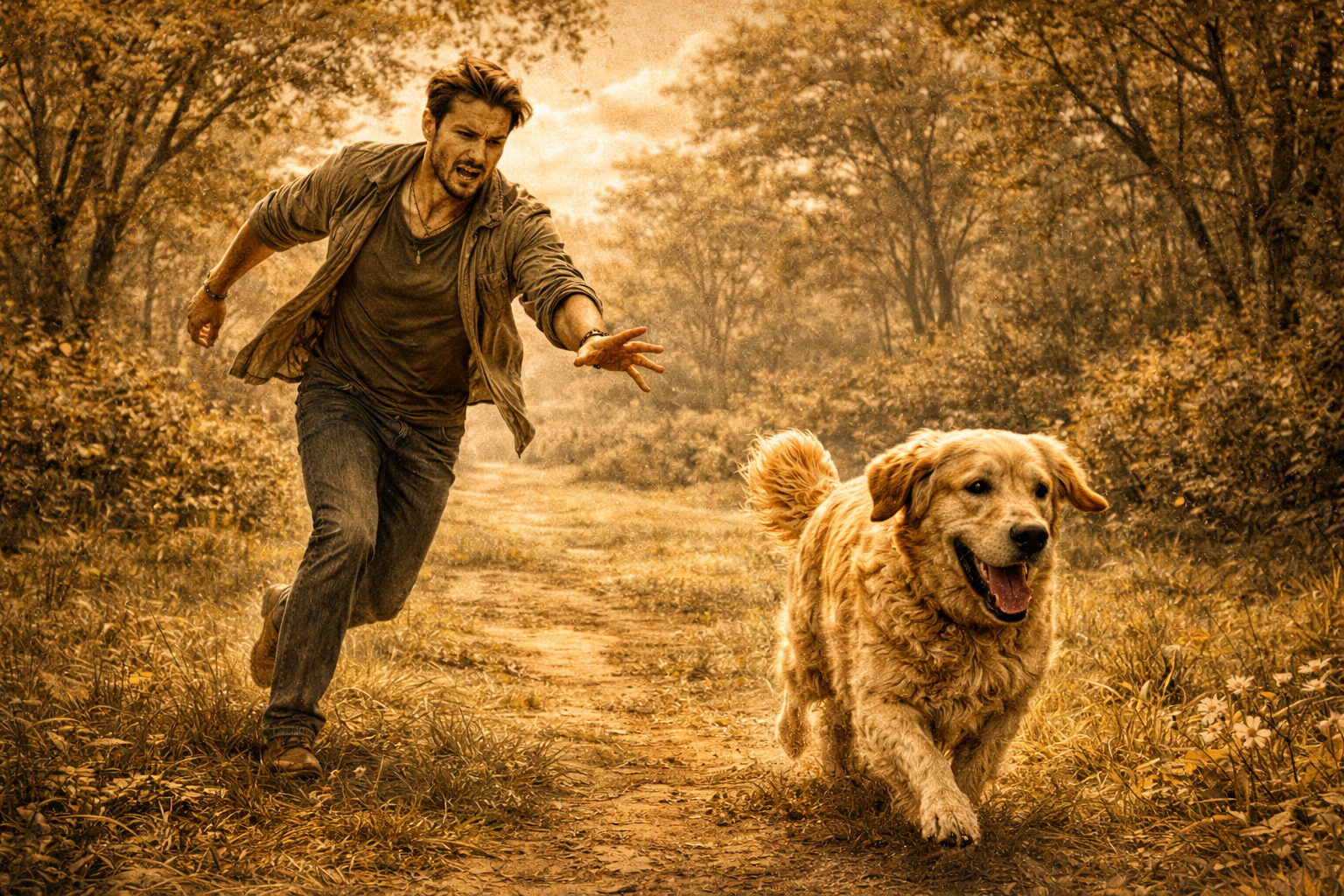 A man chasing after a golden retriever along a woodland path